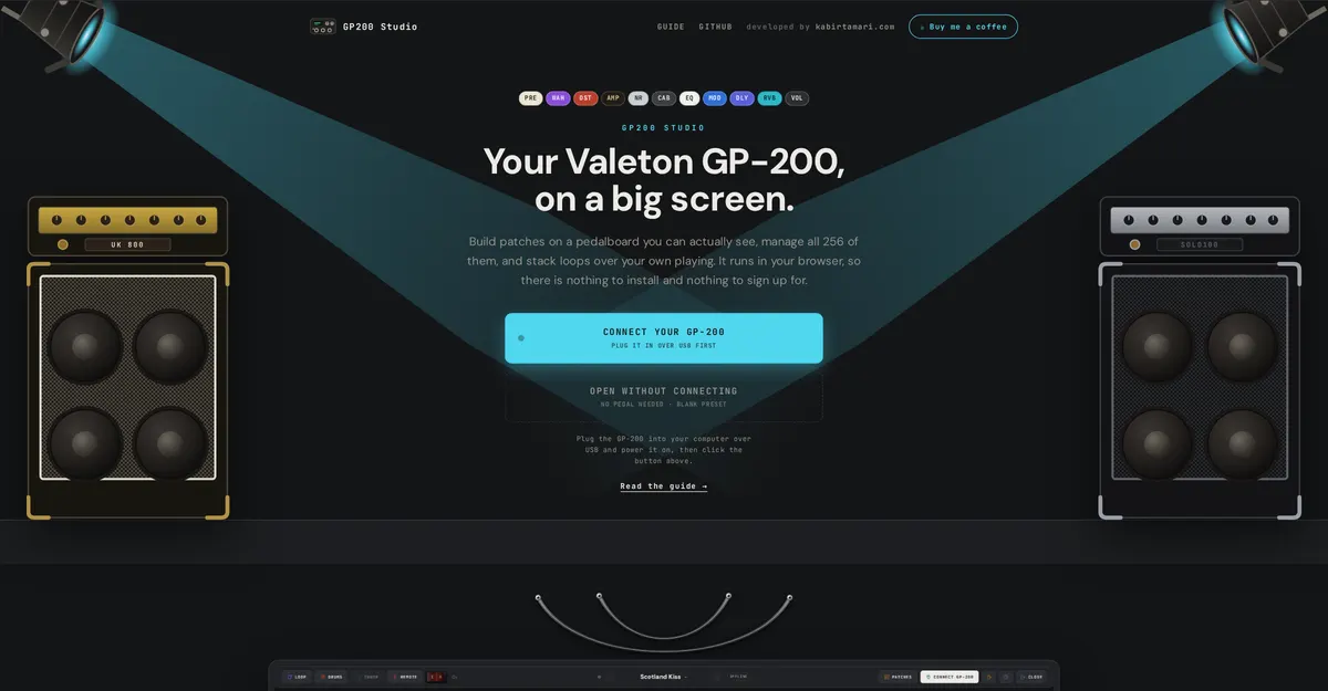 GP200 Studio landing screen with the connect button and the open-without-connecting link