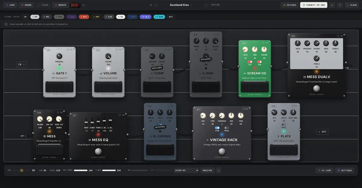The GP200 Studio pedalboard editor: a guitar signal chain drawn as physical stompboxes, wired together with patch cables.