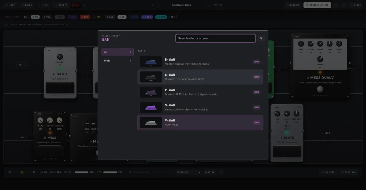 The effect browser open on the high-gain amp category, each effect showing the real amplifier it models.