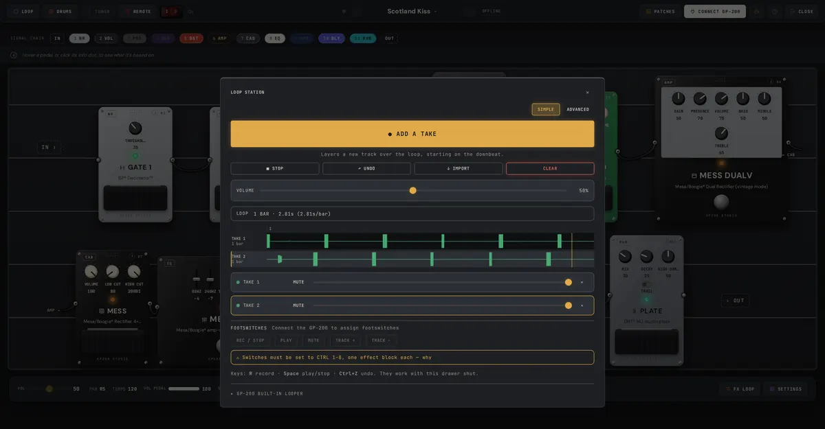 The multi-layer loop station with two recorded takes, each drawn as a waveform with its own controls.
